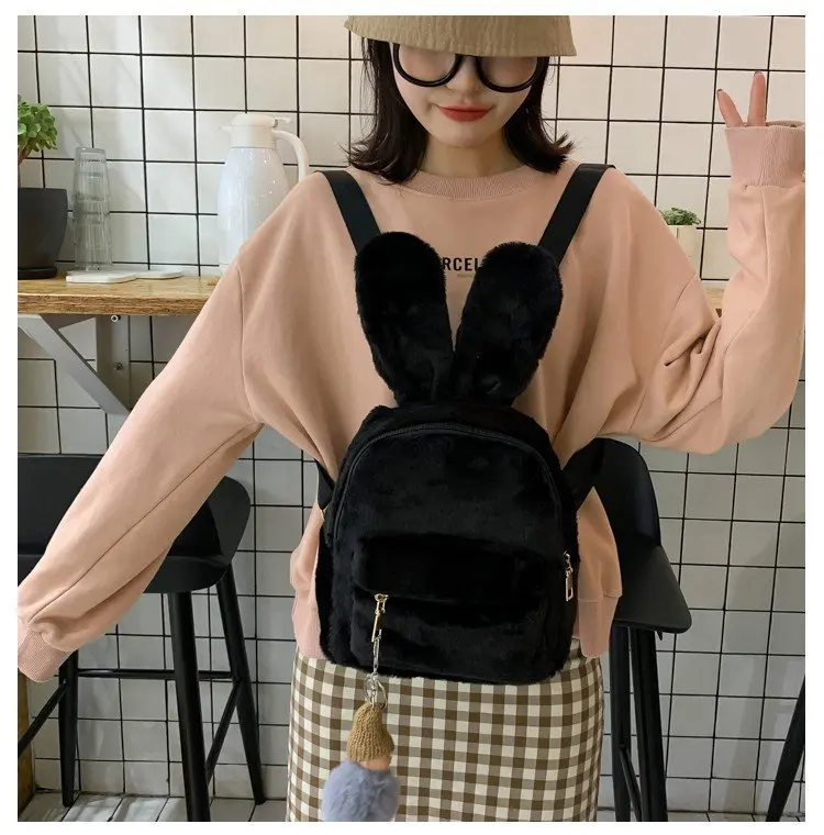 
Rabbit Fur Cute Backpack Women Bear Ears Mini Bag Ladies Small Backpack Korean Style Cute Plush Backpack Girl Lovely 