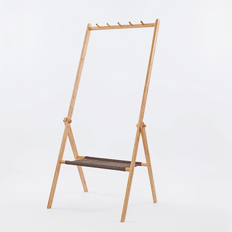 Household folding garment storage cloth display rack Wooden Clothes Hanger Clothes Rail with laundry shelf