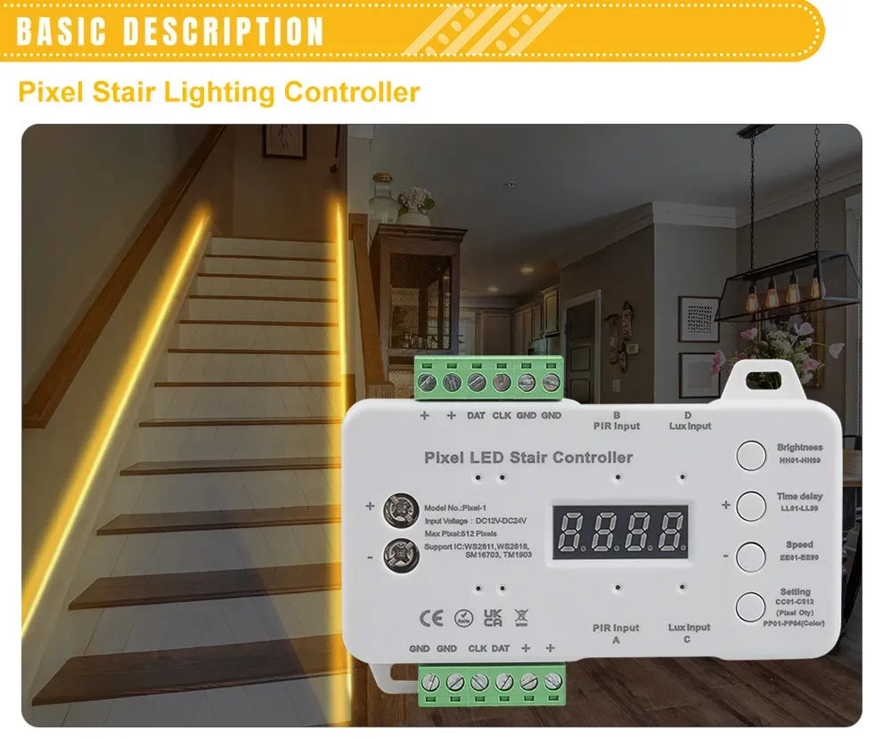 mart Pixel Led Stair Controller With Daylight PIR Sensor For WS2811 WS2818 WS2812B Led Strip DC12-24V 512 Pixel Model Pixel-1