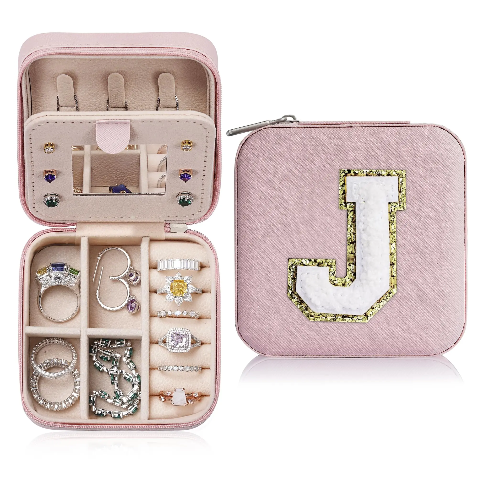 A-Z Iinitial letter travel jewelry box custom zipper pull square jewelry organizer case with mirror