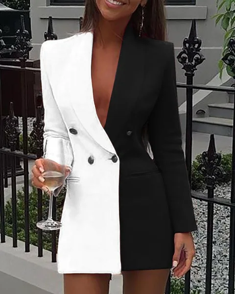 Fall 2023 New Trending Hot sale Long Sleeves Contrast Color  Office Women Suits Mini Dress For Business Casual Blazer Dress