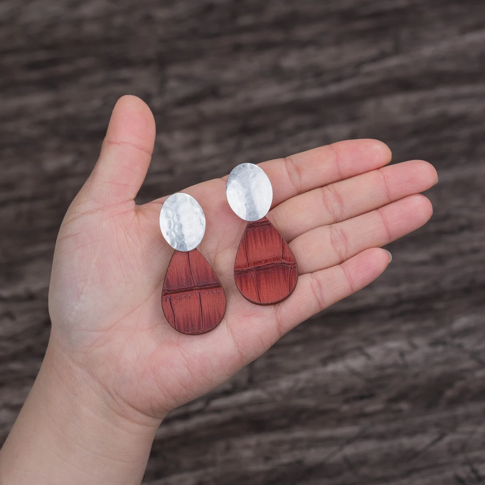 Hammered Oval Brass Black Brown Teardrop Crocodile PU Grain Leather Drop Earrings Women Jewelry