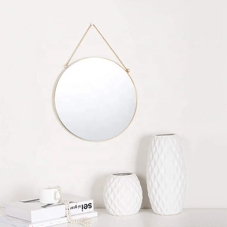 hot sale simple design modern round mirror gold decorative wall mirrors with chain for living room