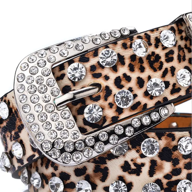 customizable Women Girls Leopard Waistband Alloy PU Leather Waist Belts Rhinestone Leopard Buckle Belt