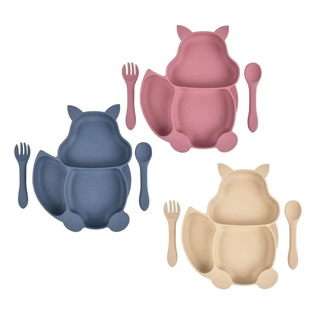 Silicone Baby  Suction Plate Sucker Animal  Plates with Forks and Spoons for Baby Feeding Products