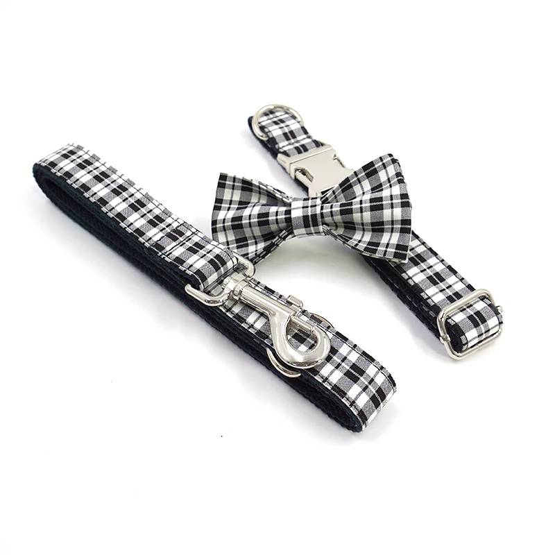 Classic black white check design luxury designer pet collar and leash dog gps tracking engraved personalized buckle pet collar