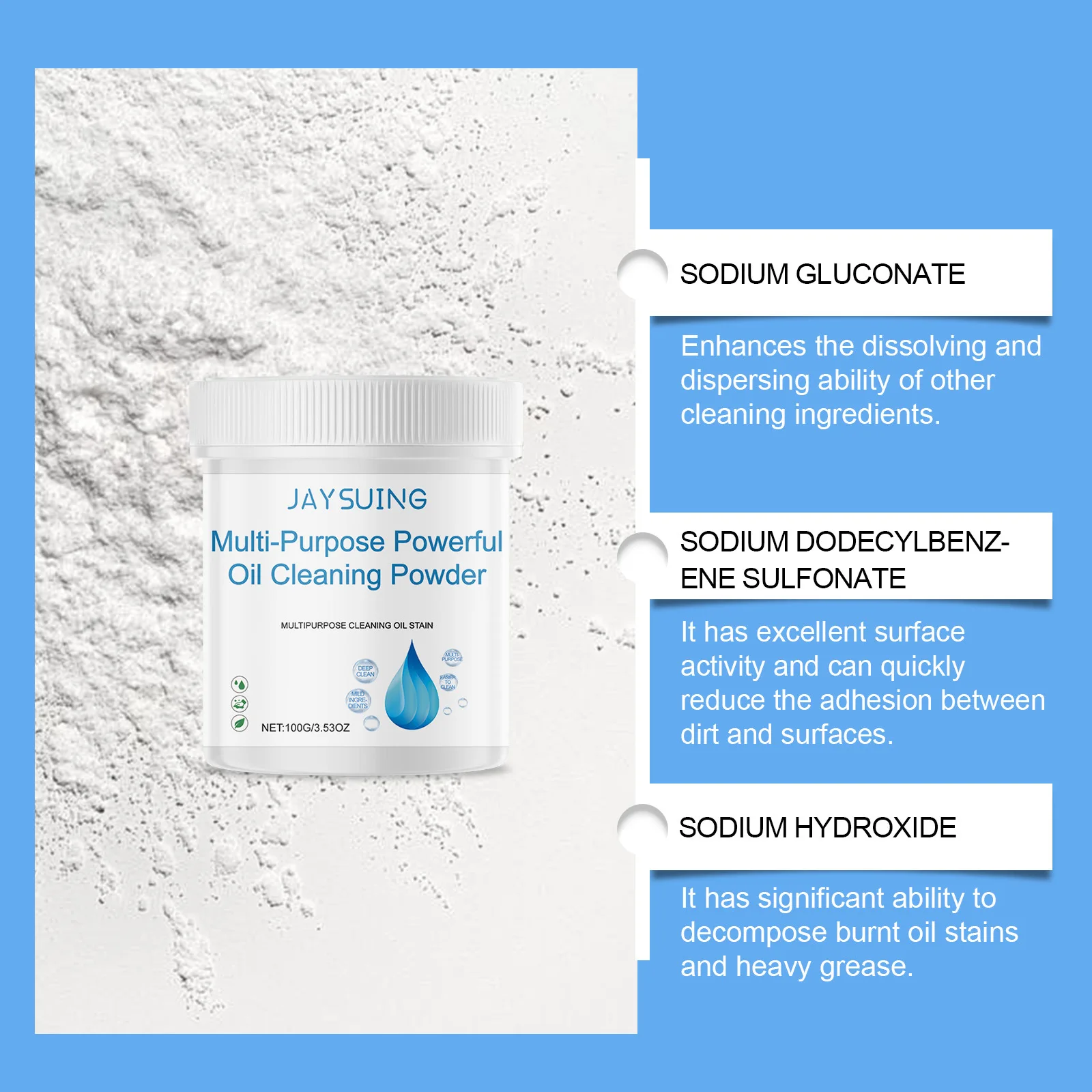 New product JAYSUING gentle formula quickly and effectively dissolves stubborn oil stains multi-purpose strong degreasing powder