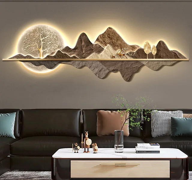 Light Luxury Mountains with Deer Porcelain  Modern Glass Wall Paintings with Led Money Tree Crystal Porcelain Painting