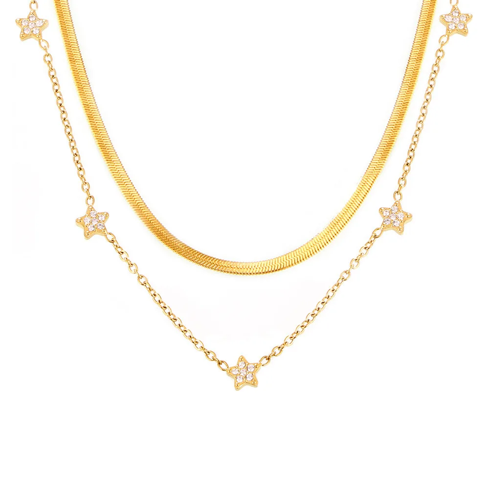 Trendy CNC Pentagram Zircon Small Diamond Starry Clavicle Necklace Titanium Steel Gold Plated Simple Double Layer Link Chain