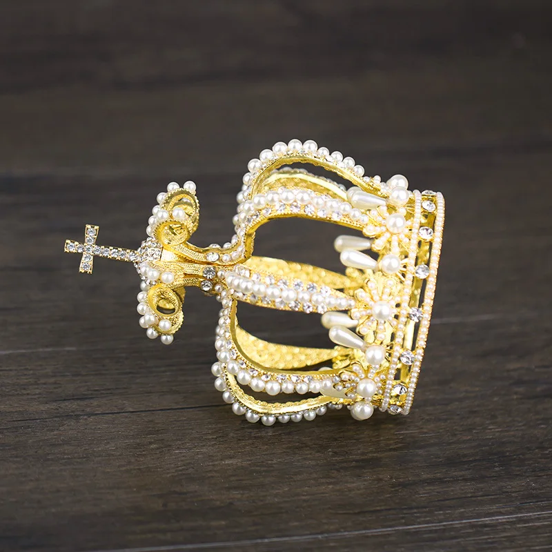 Full Pearls Golden Silver Kings Crown Delicate Hollow Out Large Round Gold Crowns Metal Rhinestone Hair Accessories Women Luxury