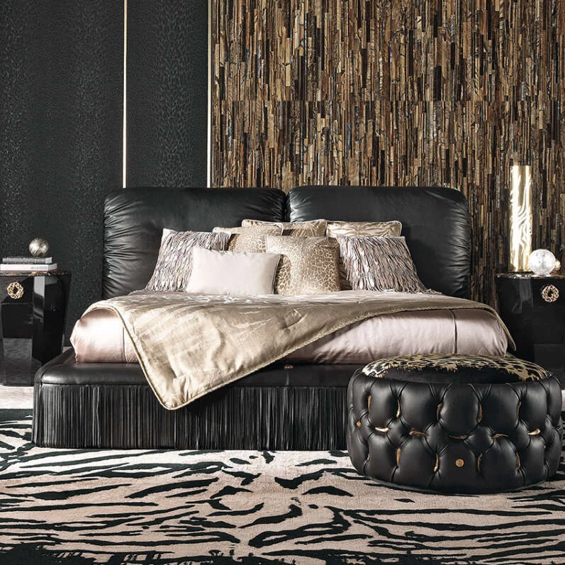 Foshan furniture queen king italian classic bedroom sets beauty villa genuine leather luxury beds