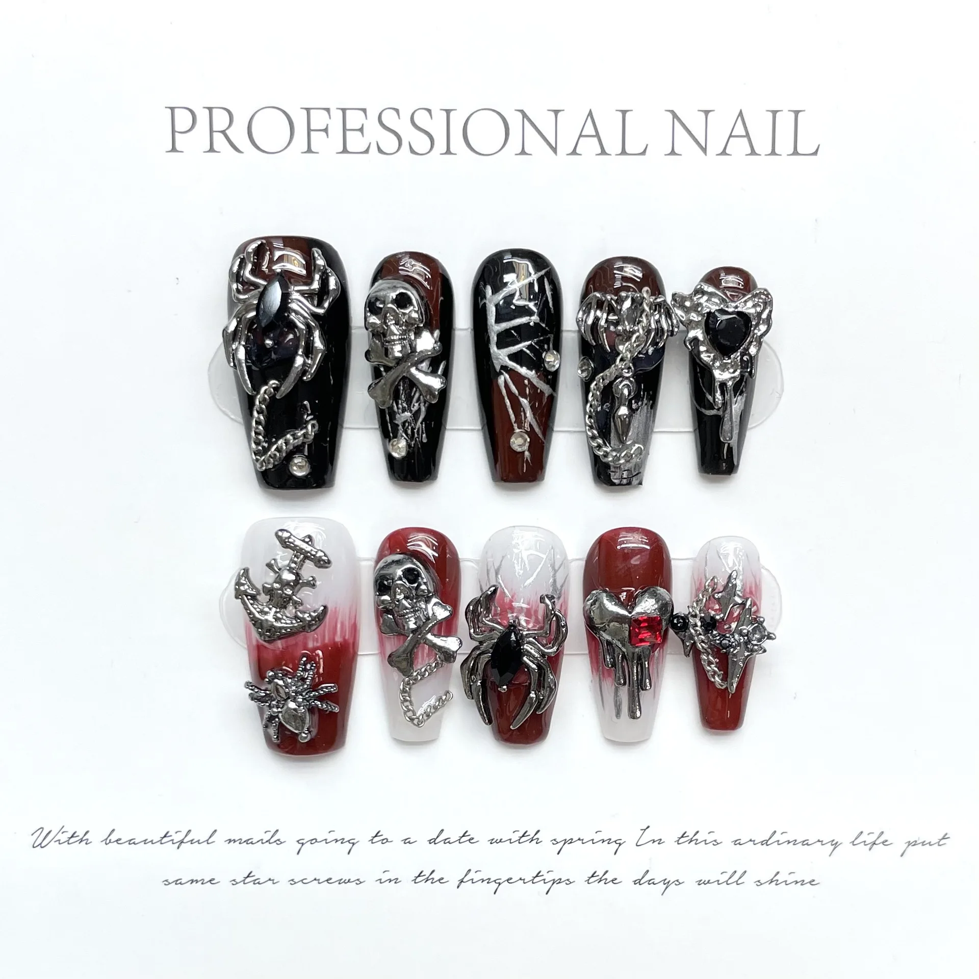 Handmade  Fake Nails Artificial Cat Eye Stylish Spider Skeleton 3D French Fashion Nail Set For Women and Girls