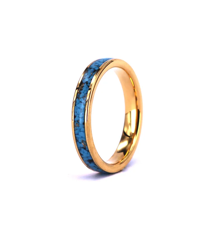 4MM Yellow Gold Mens Womens Tungsten Ring Created-turquoise Granules Inlay Wedding Band
