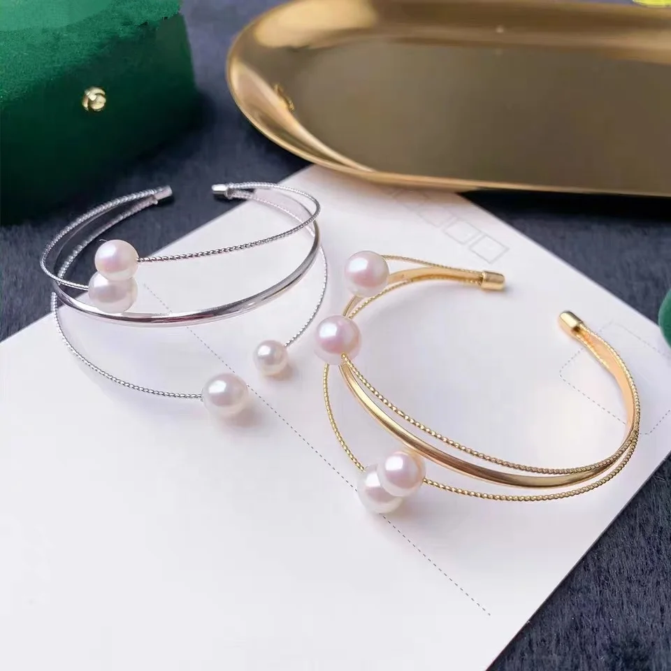 B136 9-10mm 925sterling silver gold plated wholesale freshwater pearl charm bracelet mounting fancy jewelry resizable for women