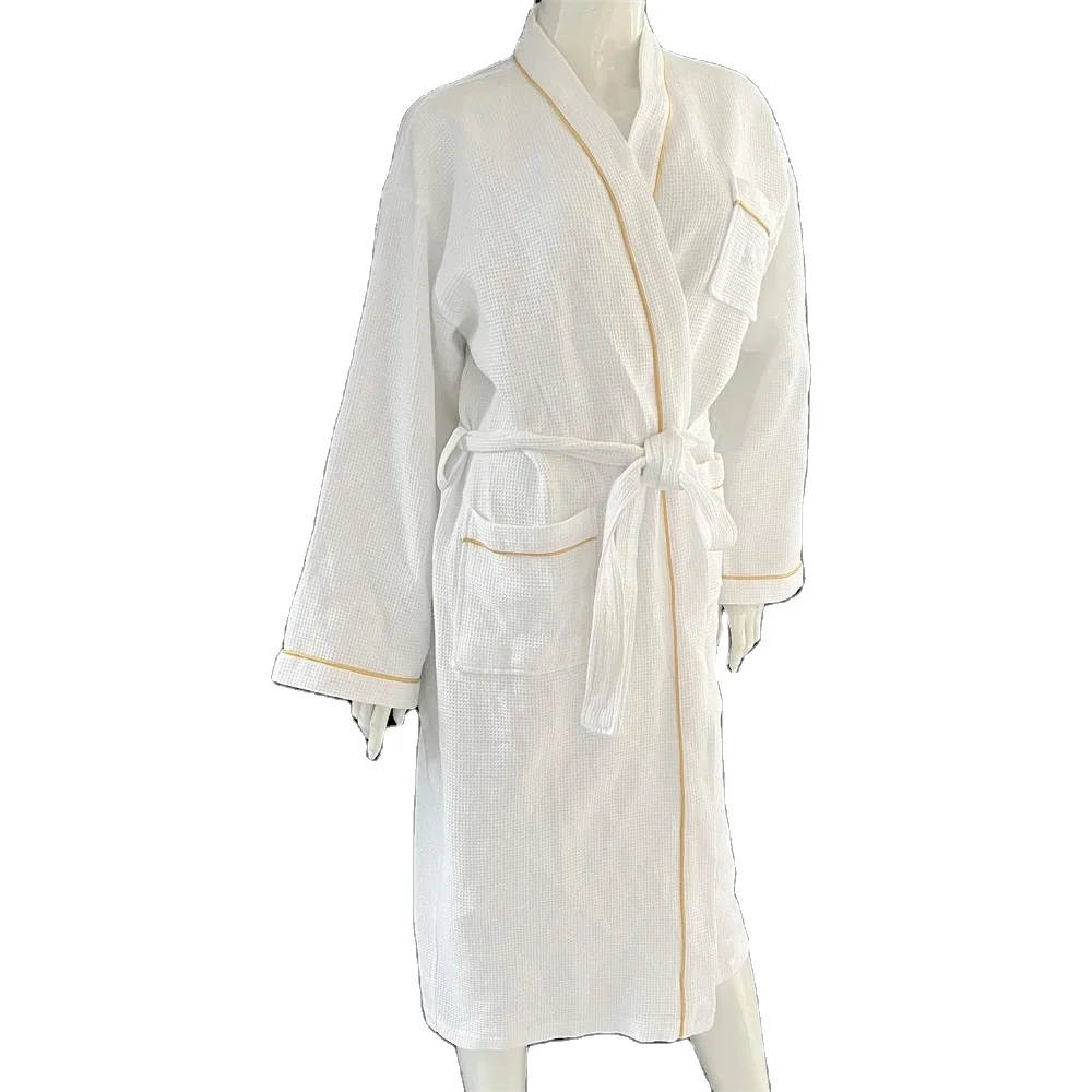 Customized Logo Waffle Hote Bathrobe Hilton White Luxury Unisex Cotton terrycloth  Waffle Bathrobe