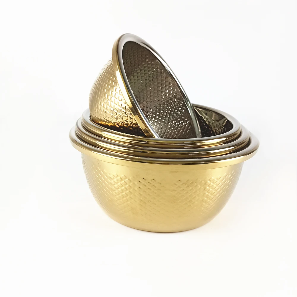 LIHONG Chinese Style Stainless Steel Kitchen Dinnerware Large Fish Scale Lines Gold Food Mixing Bowl Washing Vegetables Basin