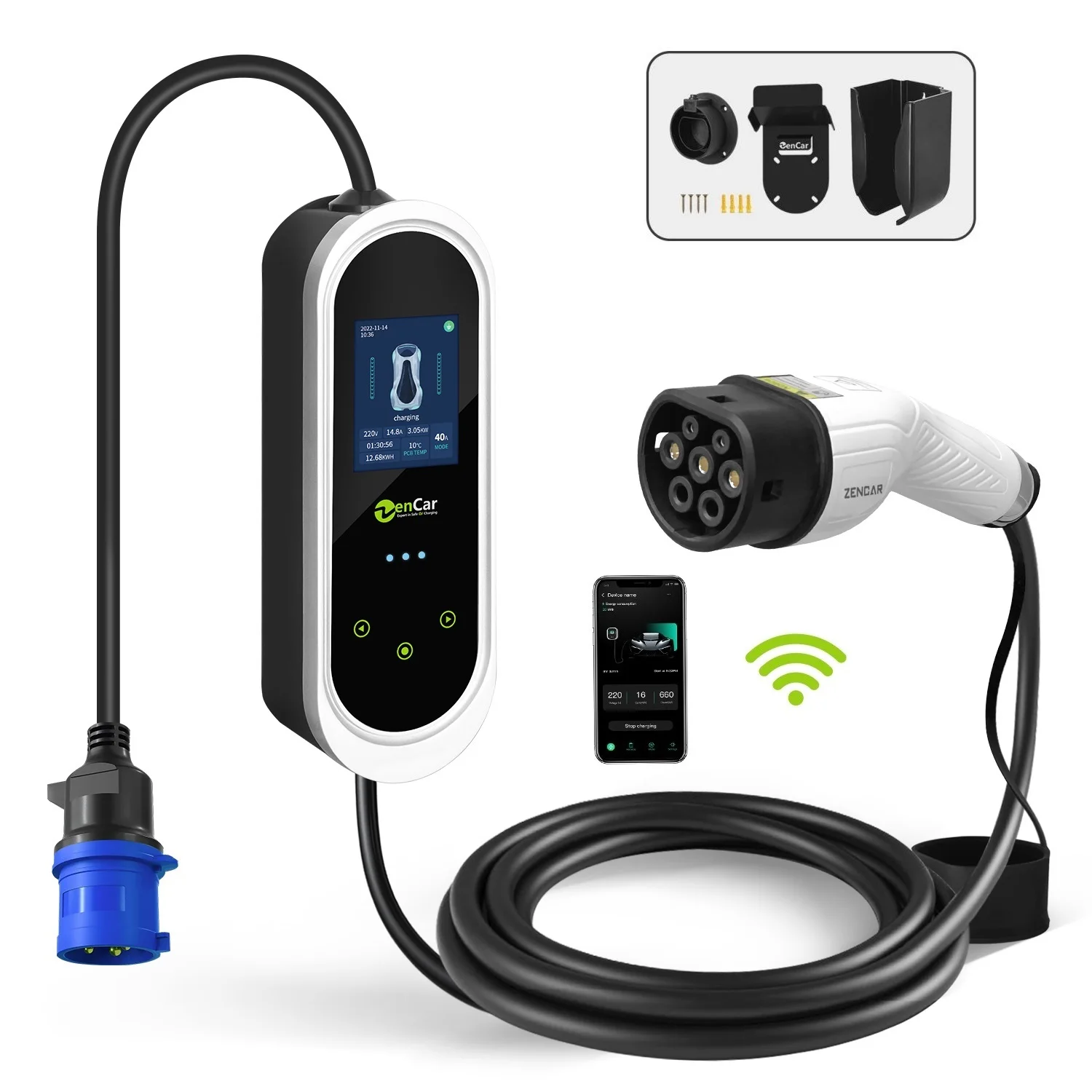 Europe Evse 32A 7KW 1 Phase IEC62196 Type 2 Portable Ev Charger Car Nice Appearance With Blue CEE Plug