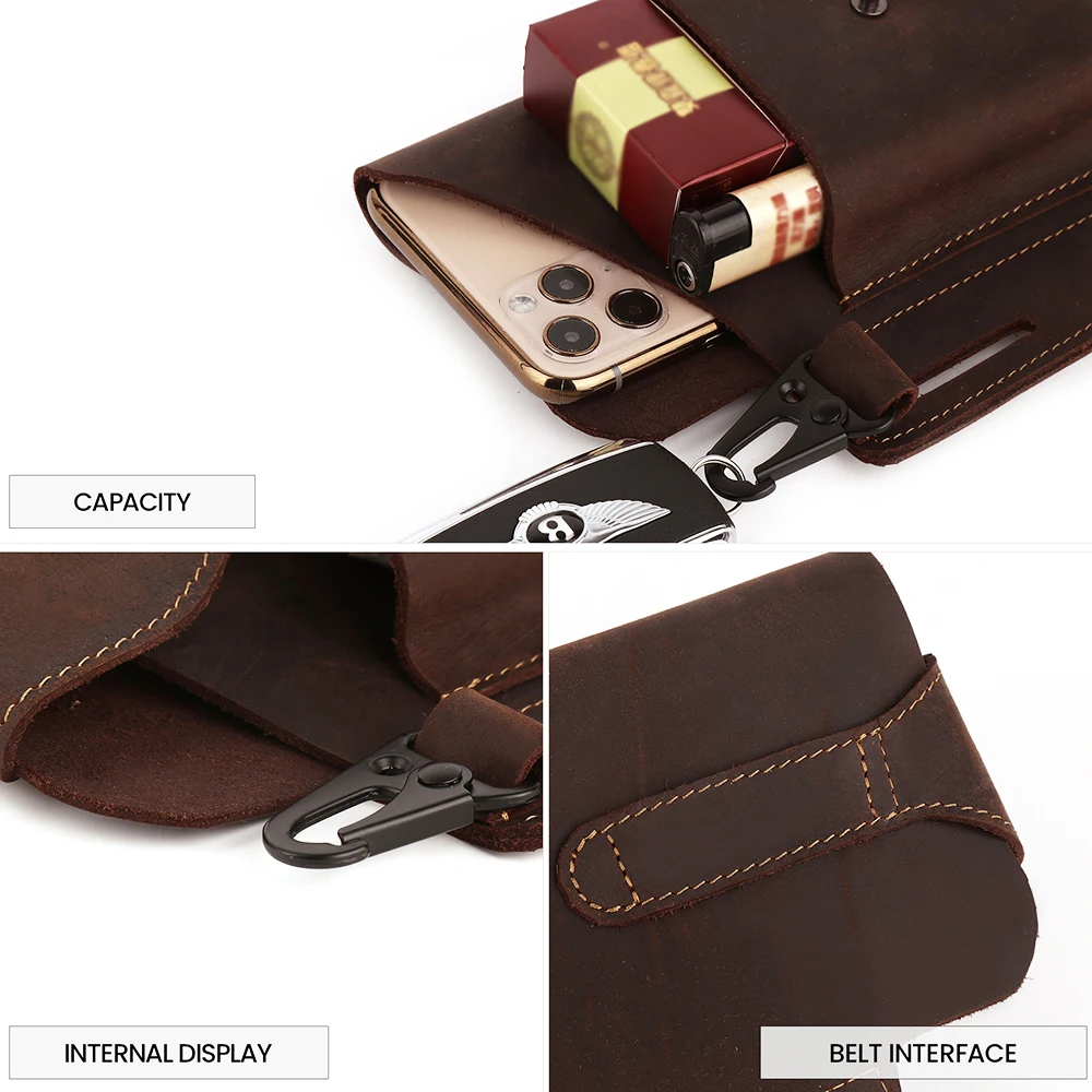 Genuine Leather Waist Men Belt Bag for 5-7inch Cell Phone Cigarette Case Outdoor Phone Holster Waist Pouch Multi-function