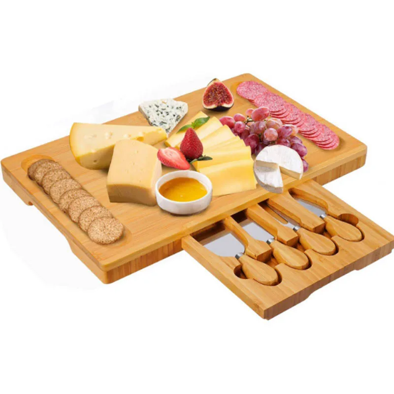 Bamboo Cheese Cutting Board Food Serving Tray Set Rectangle Shape Slide Draw Stainless Steel Cheese Knives Bamboo Snack Tray Set