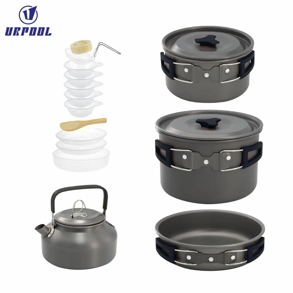 Lightweight Foldable Outdoor Tableware Family Travel Picnic Cooker Hiking Equipment Set Camping Cookware with Kettle for Outdoor