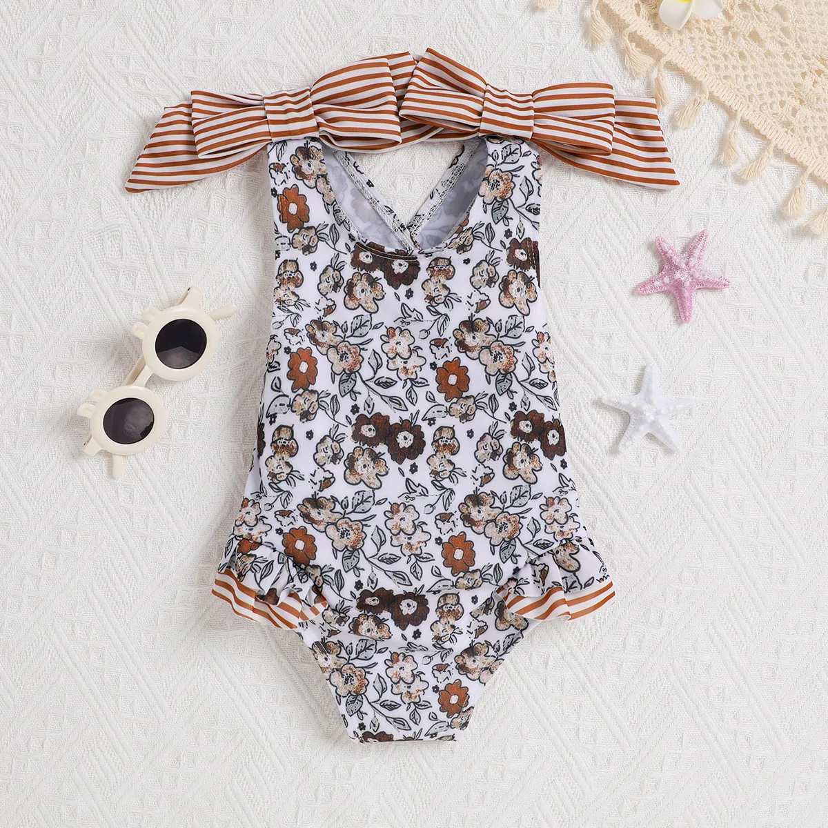 Wholesale New Playful Girl Floral Double Butterfly Knot Backless Cross Triangle Jumpsuit Swimwear
