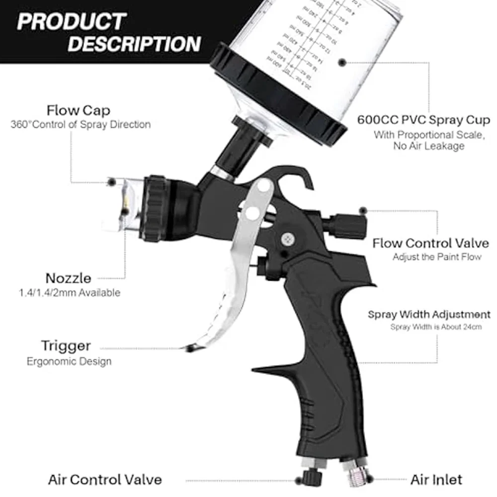 New 600ML Black Pneumatic Paint Spray Gun Kit New Upgrade DIY Grade Gravity Type 3 Nozzles Accessories For Car Painting OEM.