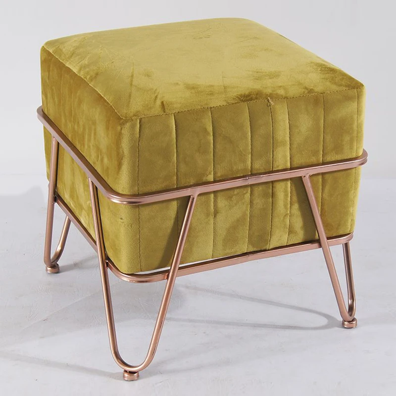 
Modern Velvet Fabric Footstool Round Pouf Small Stool With Gold Metal Iron Legs 