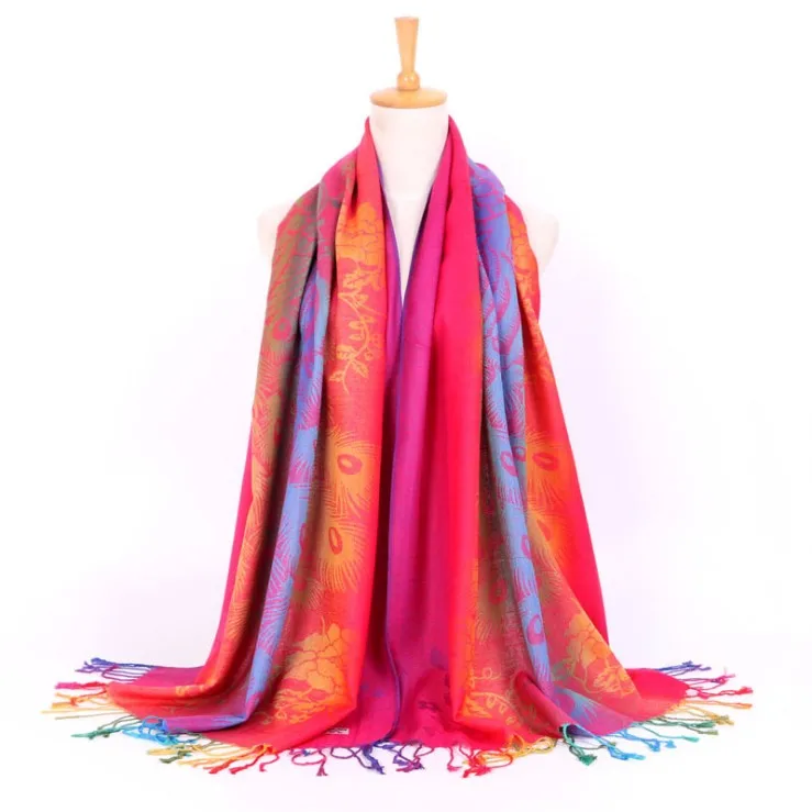 New Colorful Rainbow Scarf Pashmina Jacquard Peacock Shawl