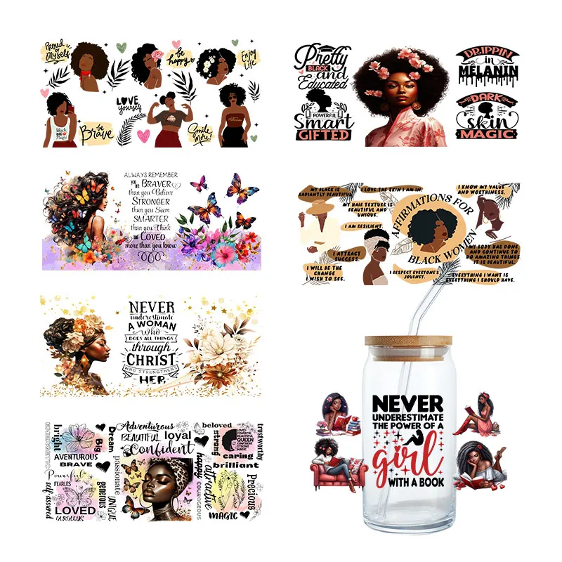 Custom design Self-Adhesive Black Girl UV DTF Cup Mugs cold Wrap film Transfer Stickers for 16oz 20oz Libbey Glass Tumbler