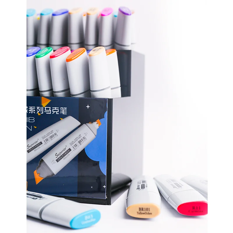 Superior New Design Alcohol Based Double Head Wide dual  Nib Marker Pen with Flat Barrel 218 colors Refillable ink