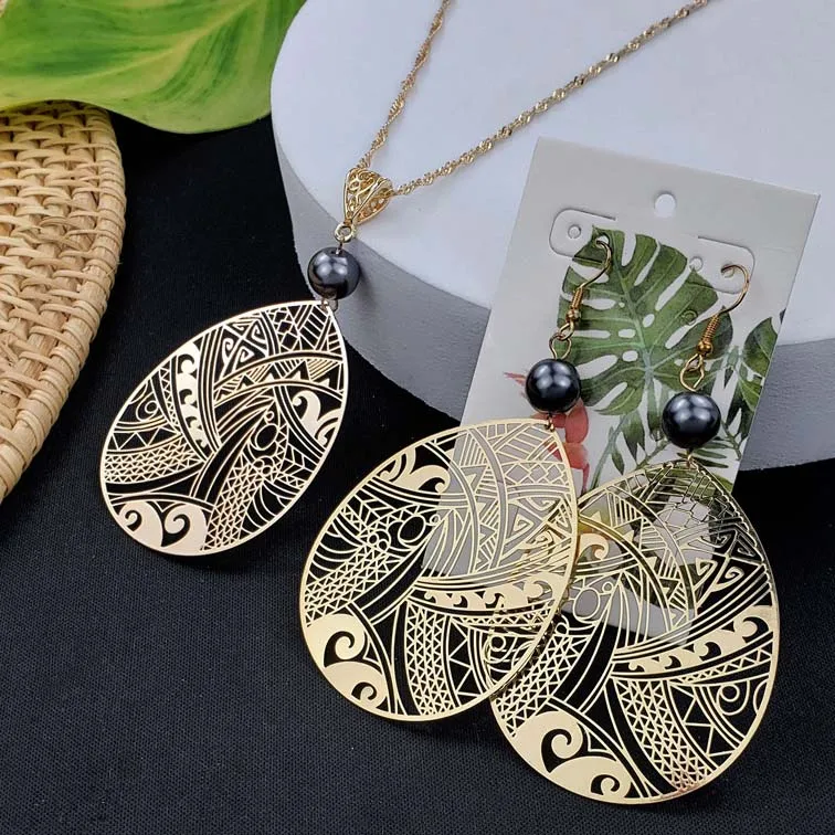 
Hawaiian fashion plated gold pearl pendant necklace earrings jewelry set for women 