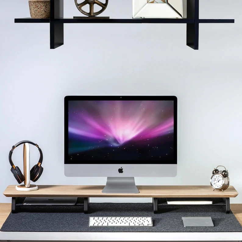 Solid Wood Laptop Stand Showcase Desk Shelf Dual Monitor Stand Wooden Desk Shelf
