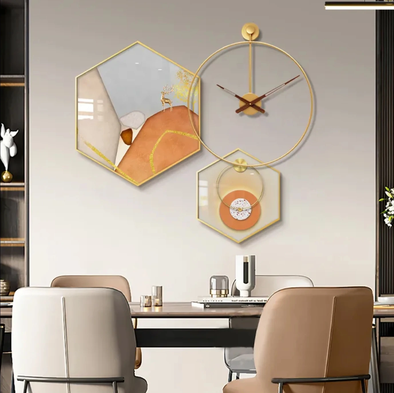 Dining room decorative painting hexagonal combination hanging painting kitchen dining table painting with clock high-grade mural