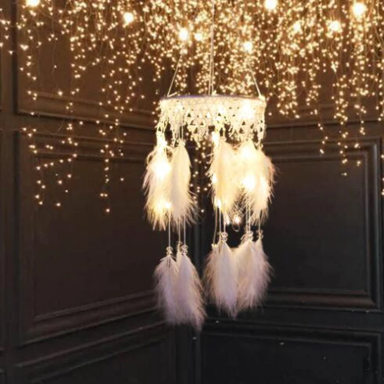 Mobile Light Dream Catchers with LED Lights Hanging Ornaments Feathers Wedding Home Decorations Handmade Dreamcatcher for Girls