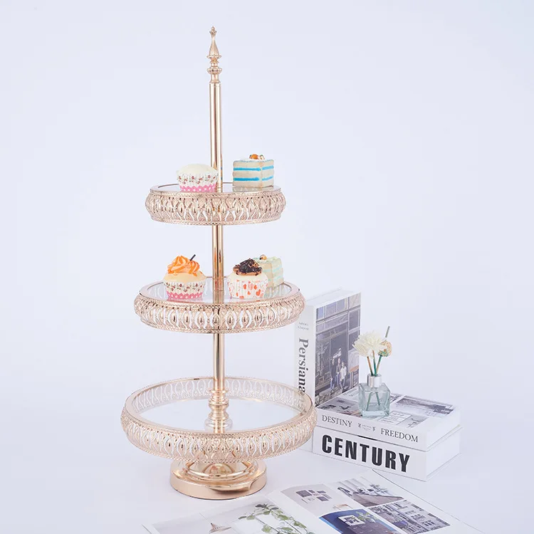 3 Tier Hotel European Metal High-foot Cake Stand Creative Breakfast Dessert Rack Glass Cake Holder Silver Gold Cake Stand