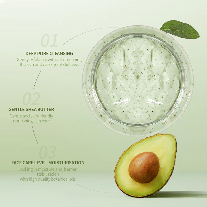 Custom own logo natural skin care 100% organic shea butter bodyscrub exfoliate wholesale ice cream fruit avocado body scrub