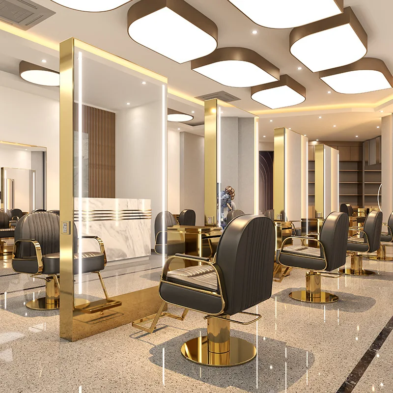 Горячая Распродажа индивидуальная Парикмахерская станция двустороннее зеркало салон со светодиодной