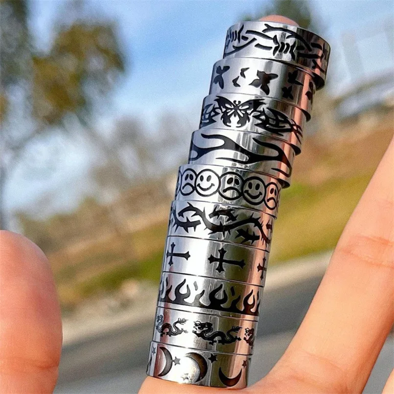 Hip hop stainless steel punk rings engraving dragon moon stars band butterfly fire flame cross smile face ring