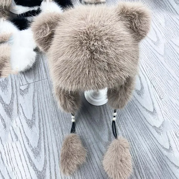 2023 new arrival winter faux fur warm skull cap with pompom outdoor  earflap hat