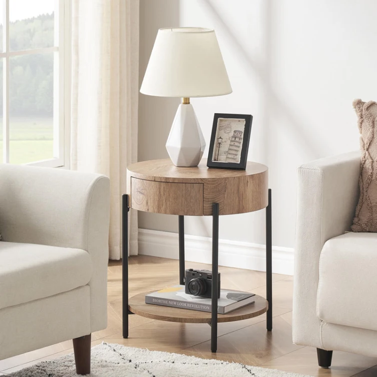 nordic modern metal wood bed round oak sofa side table for living room with drawer