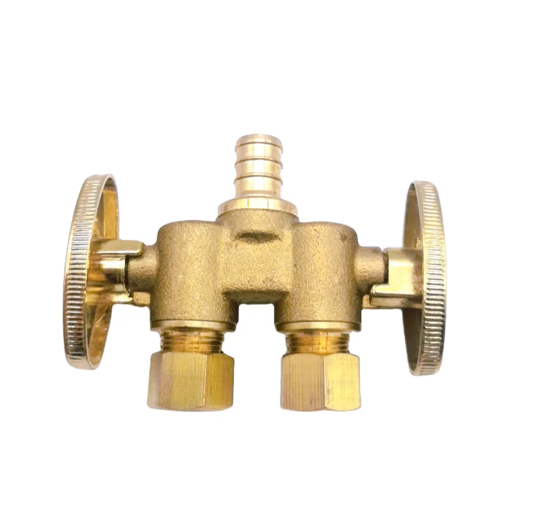 China factory water fitting brass PEX straight double outlet 3 way angle stop valve