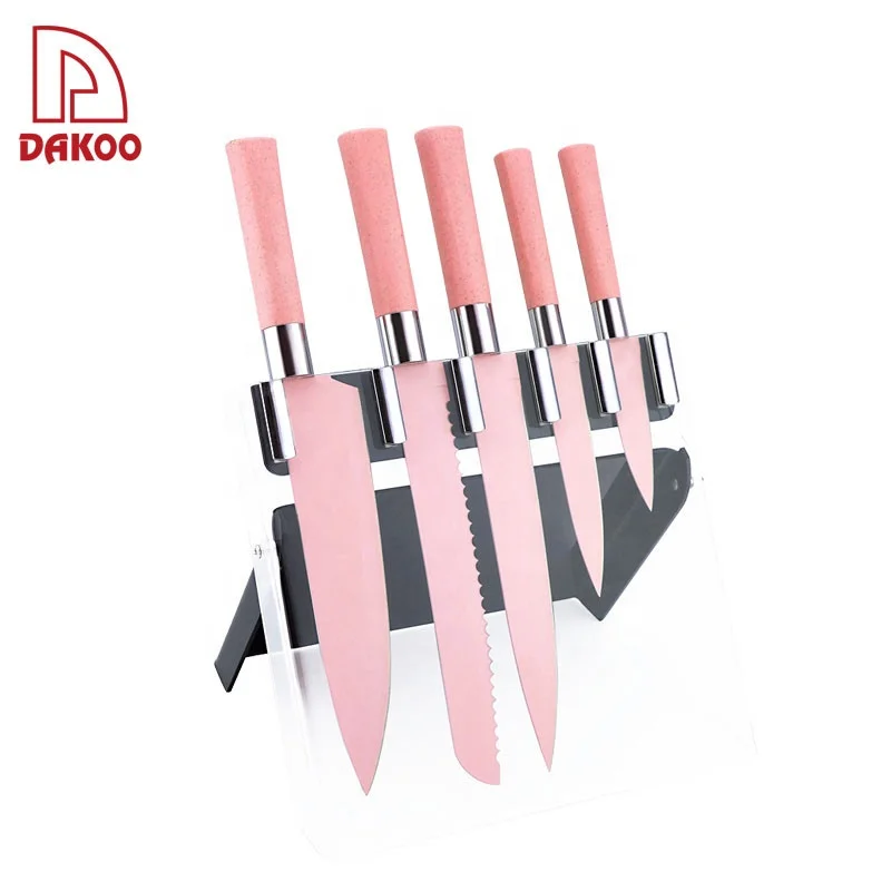Special Design Set of 6 knives Pink  Stainless Steel Kitchen Knife with Acrylic knife holder