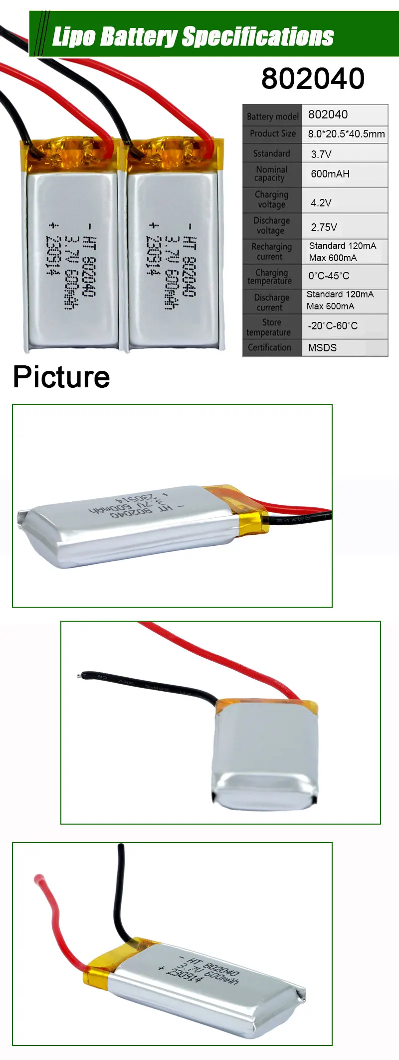 3.7V 600Mah 802040 Polymer Rechargeable Lithium Ion Battery Lipo Battery For Shaver