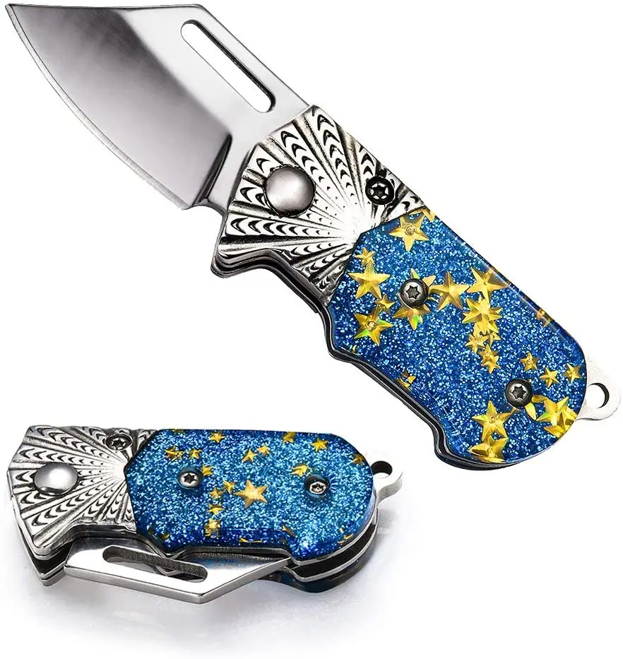 
Folding Knife, Small Pocket Knife for Men and Women, with Chrome and Golden Star Acrylic Handle, for Camping, Hunting 