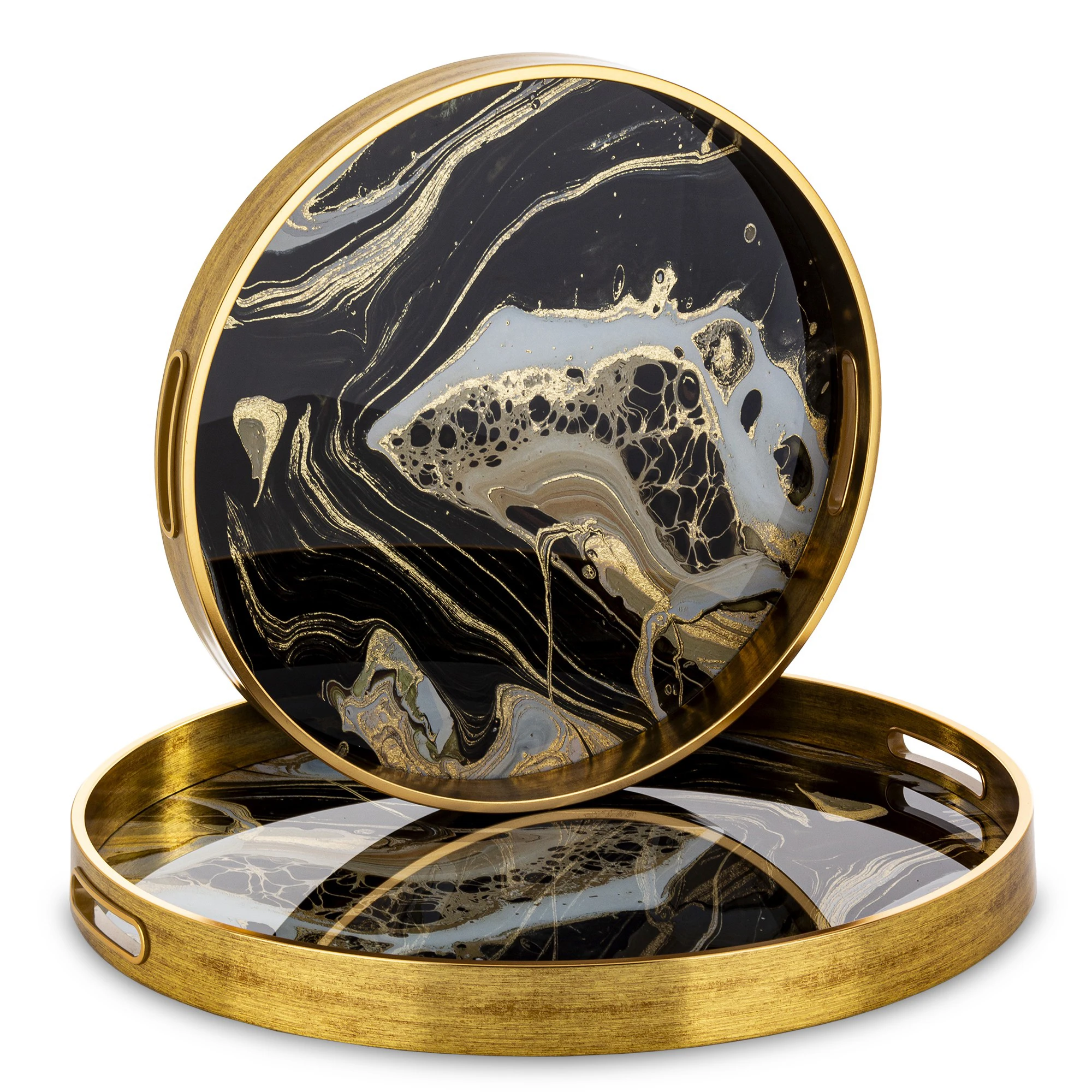 Customized high quality perfect detail round tray UV printed marble mirror glass luxury serving tray