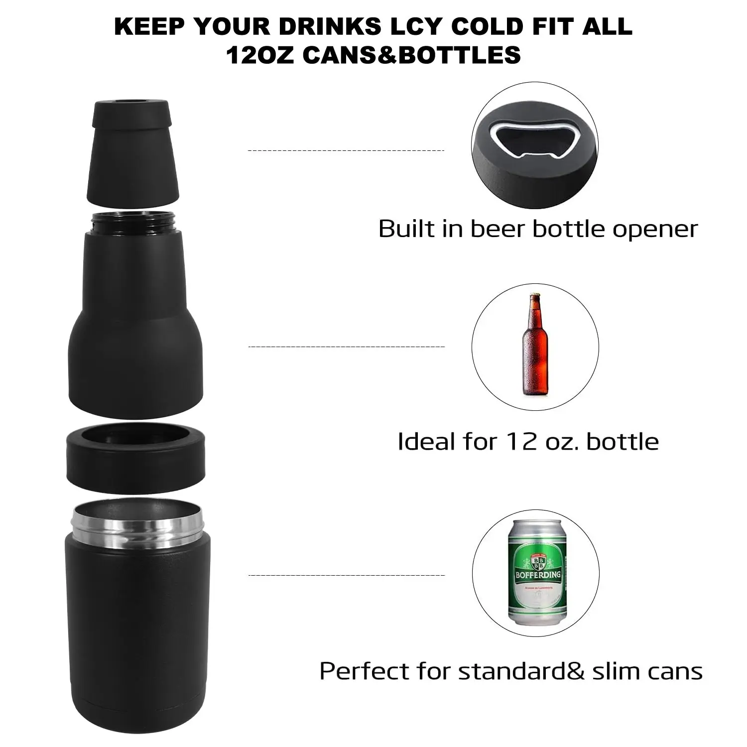 Frosty Beer 2 Go Vacuum Insulated Double Walled Stainless Steel Beer Can and Bottle Cooler with Beer Opener