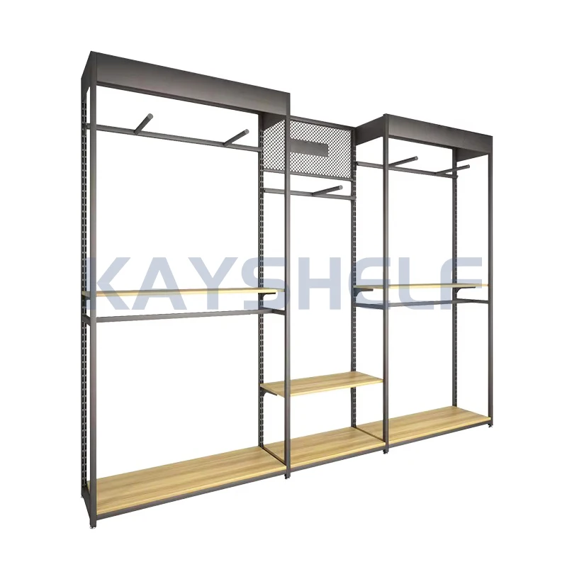 Регулируемая черная металлическая и деревянная настенная витрина для магазинов одежды с вешалкой и полками