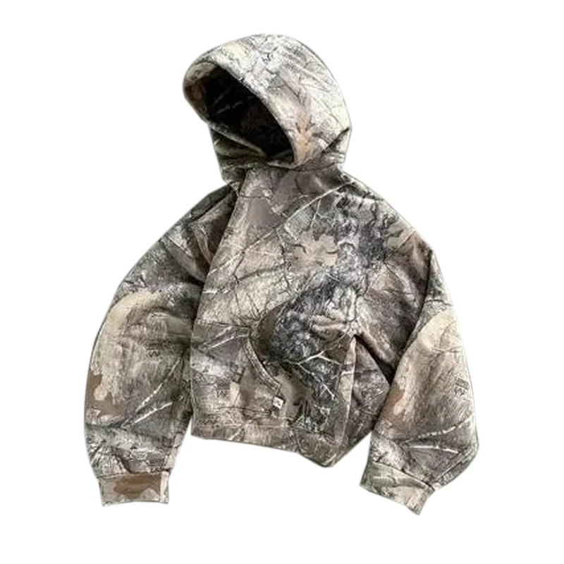 OEM Custom Vintage Heavyweight 100% Cotton All Over Printing Pullover Boxy Cropped Camo Camouflage Hoodies For Men