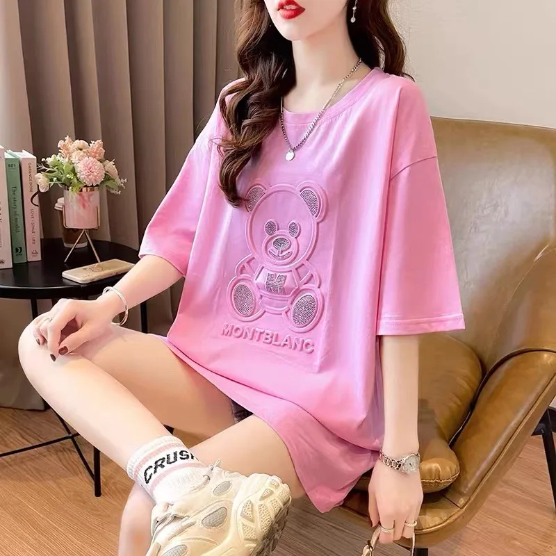 Casual Pure Cotton T-shirt Design, Short Sleeved Loose Large Size Women Long Printed T-shirt Knitted Short Shirts for Women