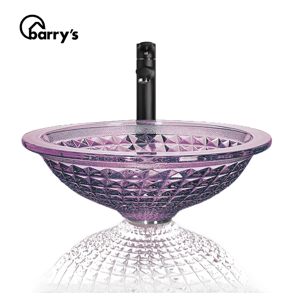 Top quality purple clear transparent tempered glass bathroom round sink basin